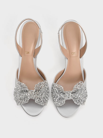 CHARLES & KEITH Quality / Beaded Bow Slingback Pumps - Silver