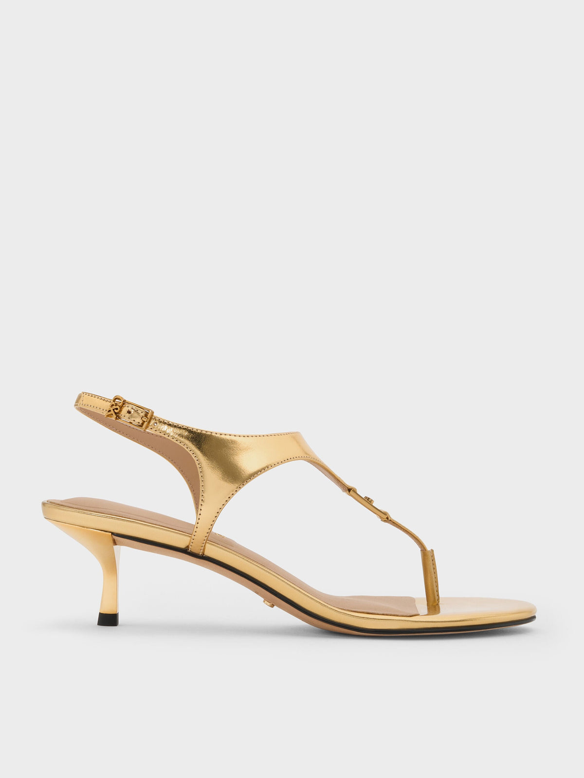 CHARLES & KEITH Latest / Metallic Leather Thong Kitten Heels - Gold