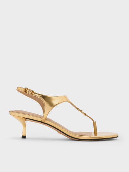 CHARLES & KEITH Latest / Metallic Leather Thong Kitten Heels - Gold