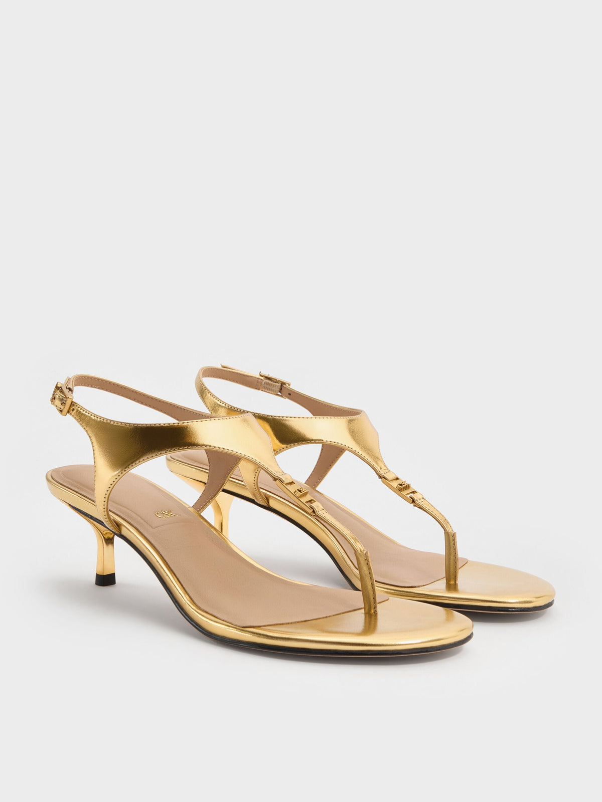 CHARLES & KEITH Latest / Metallic Leather Thong Kitten Heels - Gold