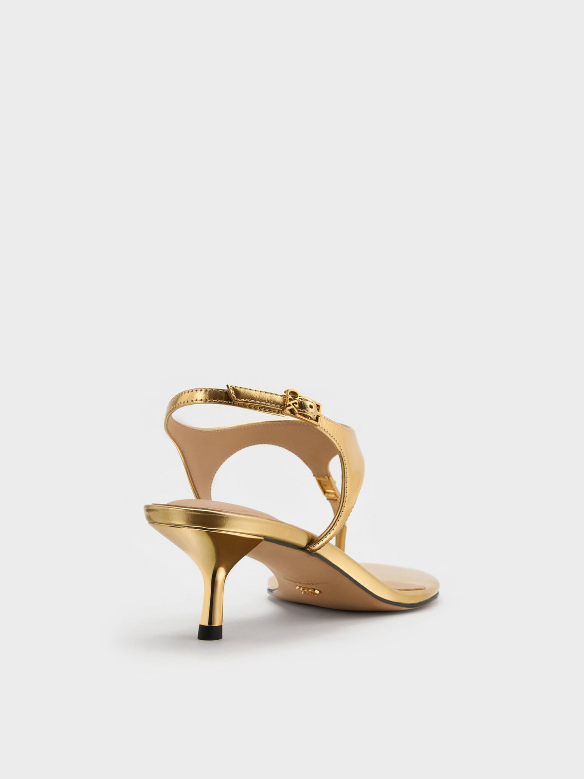 CHARLES & KEITH Latest / Metallic Leather Thong Kitten Heels - Gold