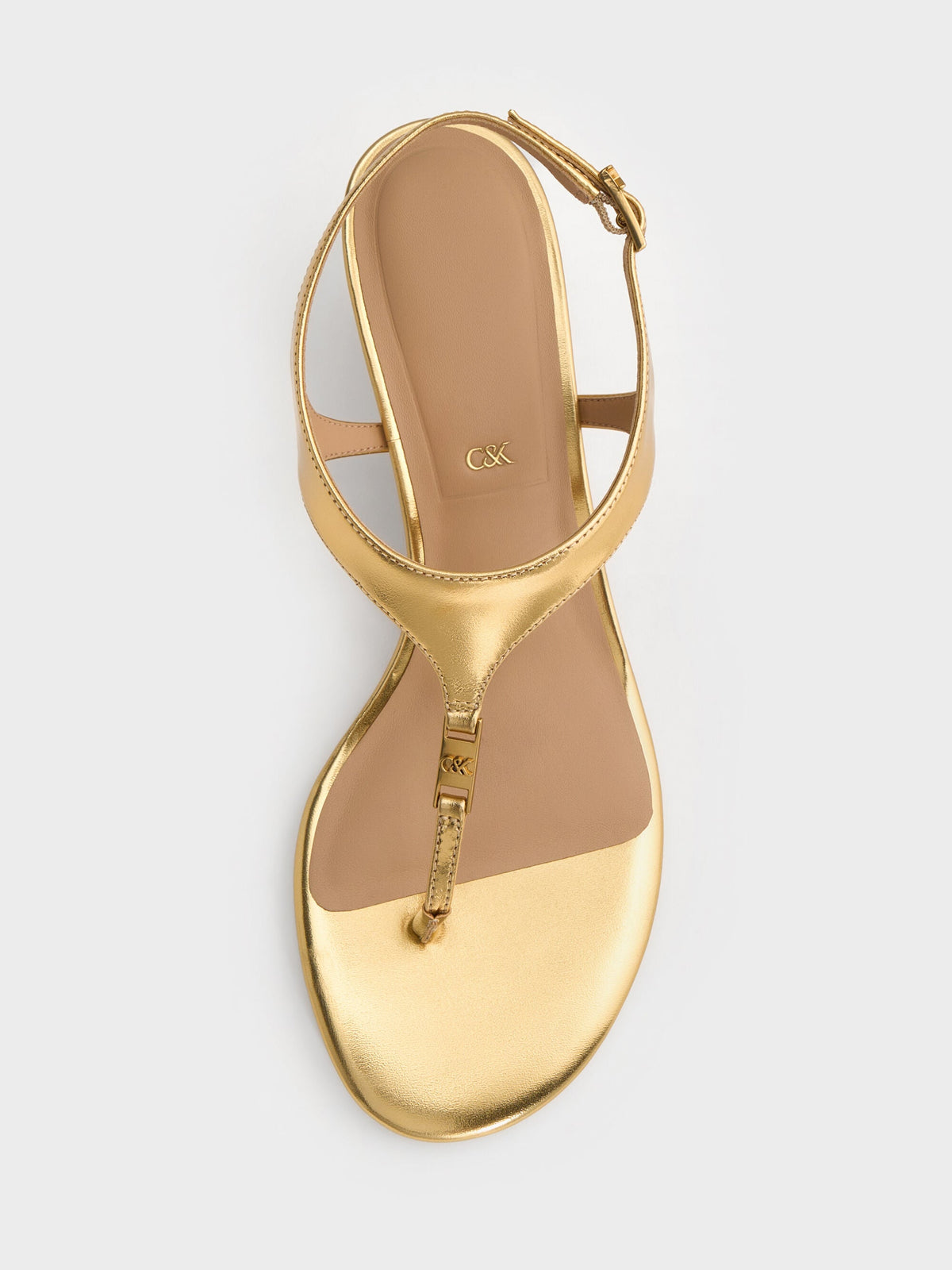 CHARLES & KEITH Latest / Metallic Leather Thong Kitten Heels - Gold