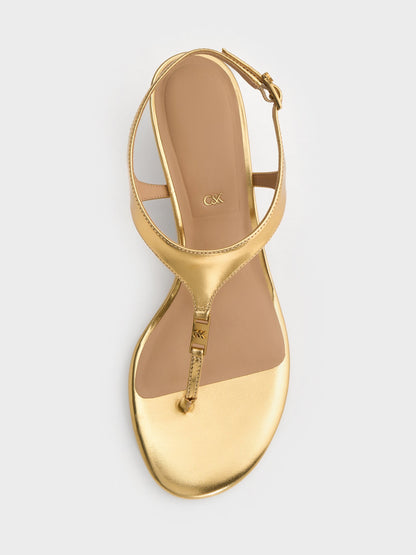 CHARLES & KEITH Latest / Metallic Leather Thong Kitten Heels - Gold