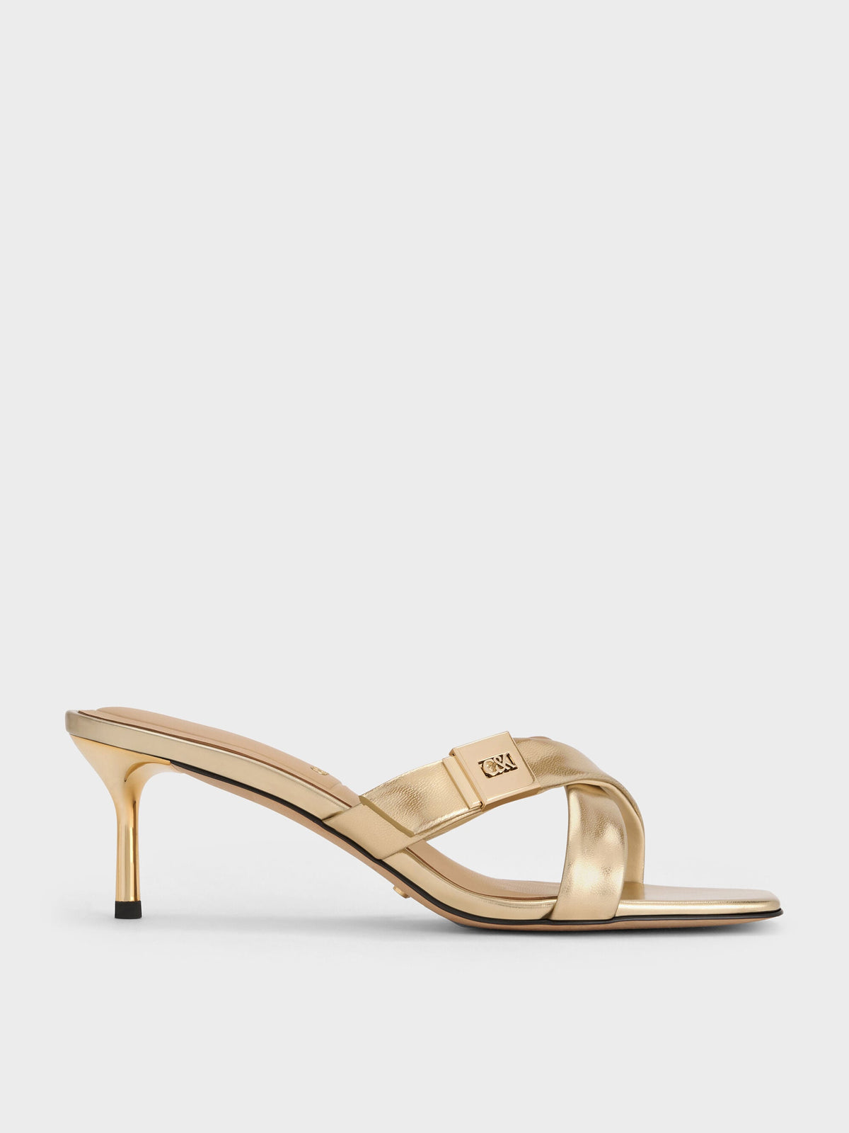CHARLES & KEITH Premium / Cody Metallic Leather Crossover Heeled Mules - Gold