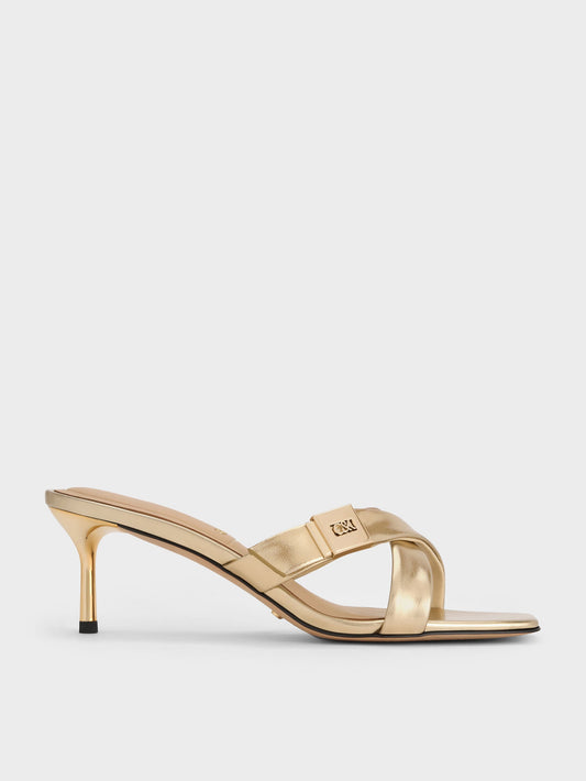 CHARLES & KEITH Premium / Cody Metallic Leather Crossover Heeled Mules - Gold