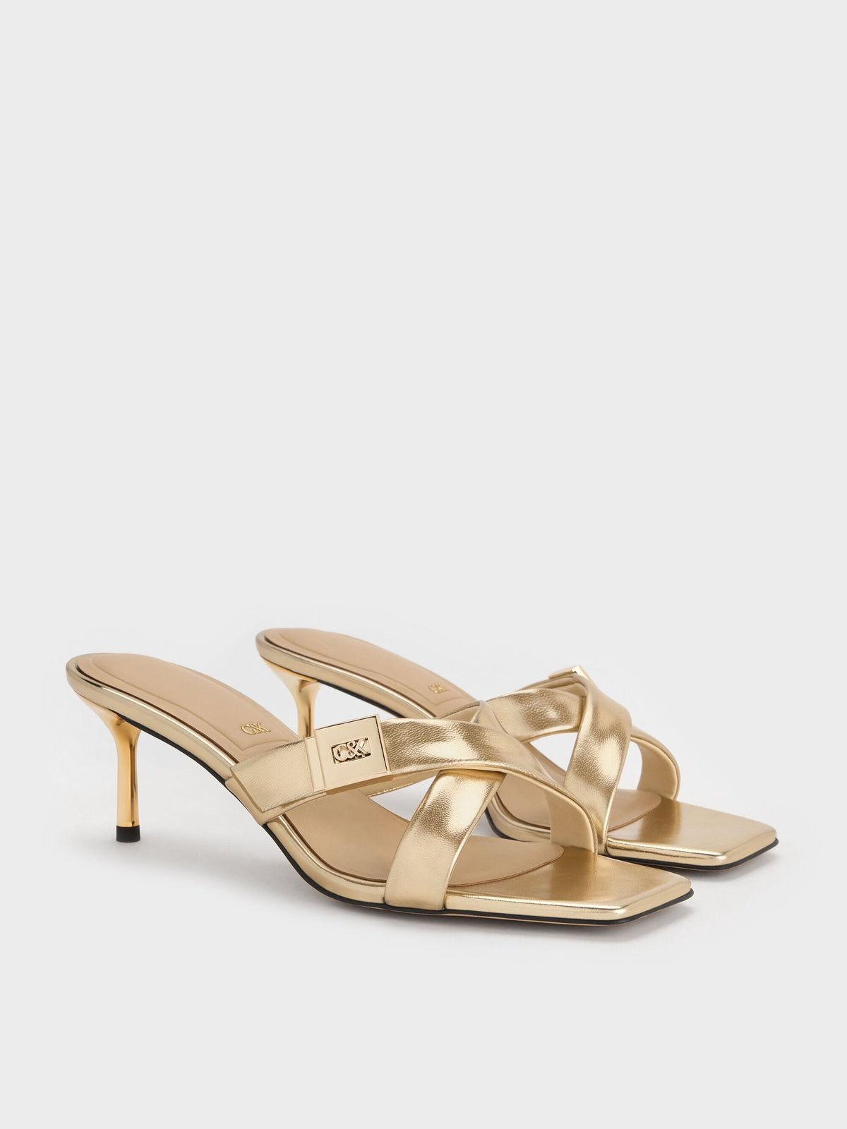 CHARLES & KEITH Premium / Cody Metallic Leather Crossover Heeled Mules - Gold
