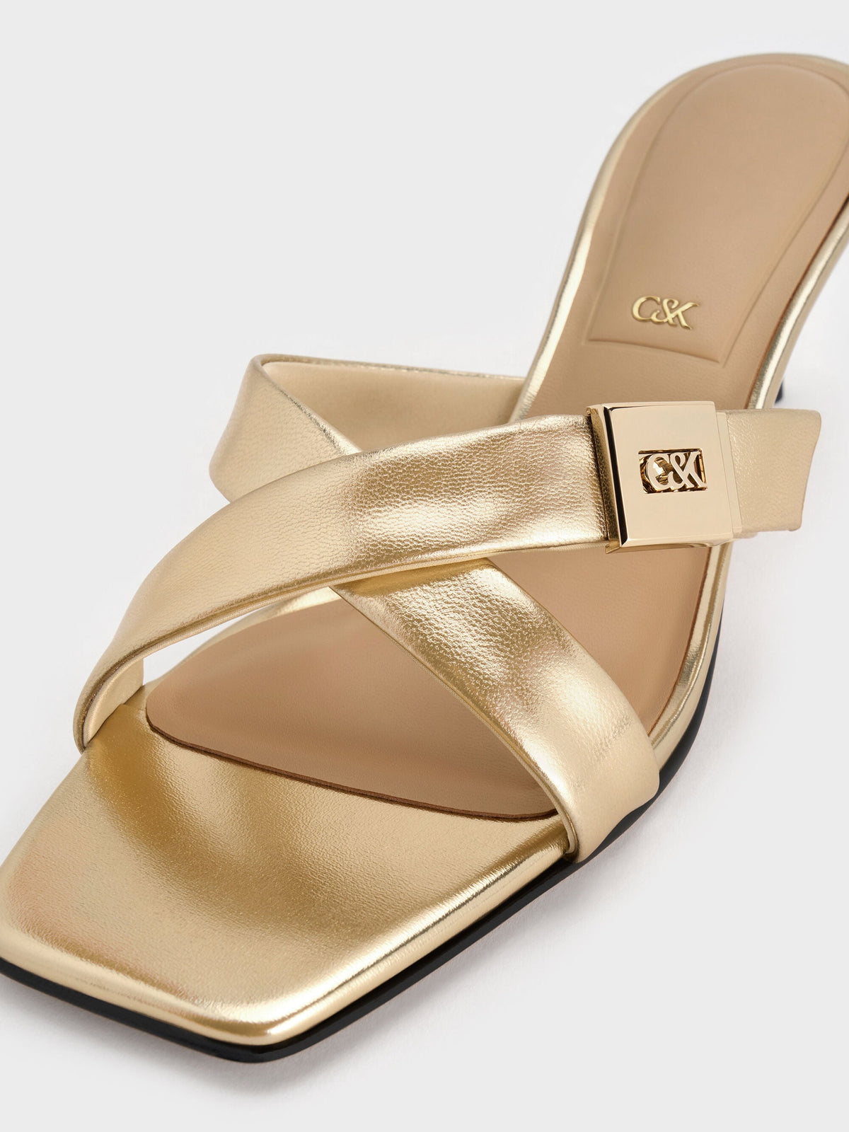 CHARLES & KEITH Premium / Cody Metallic Leather Crossover Heeled Mules - Gold