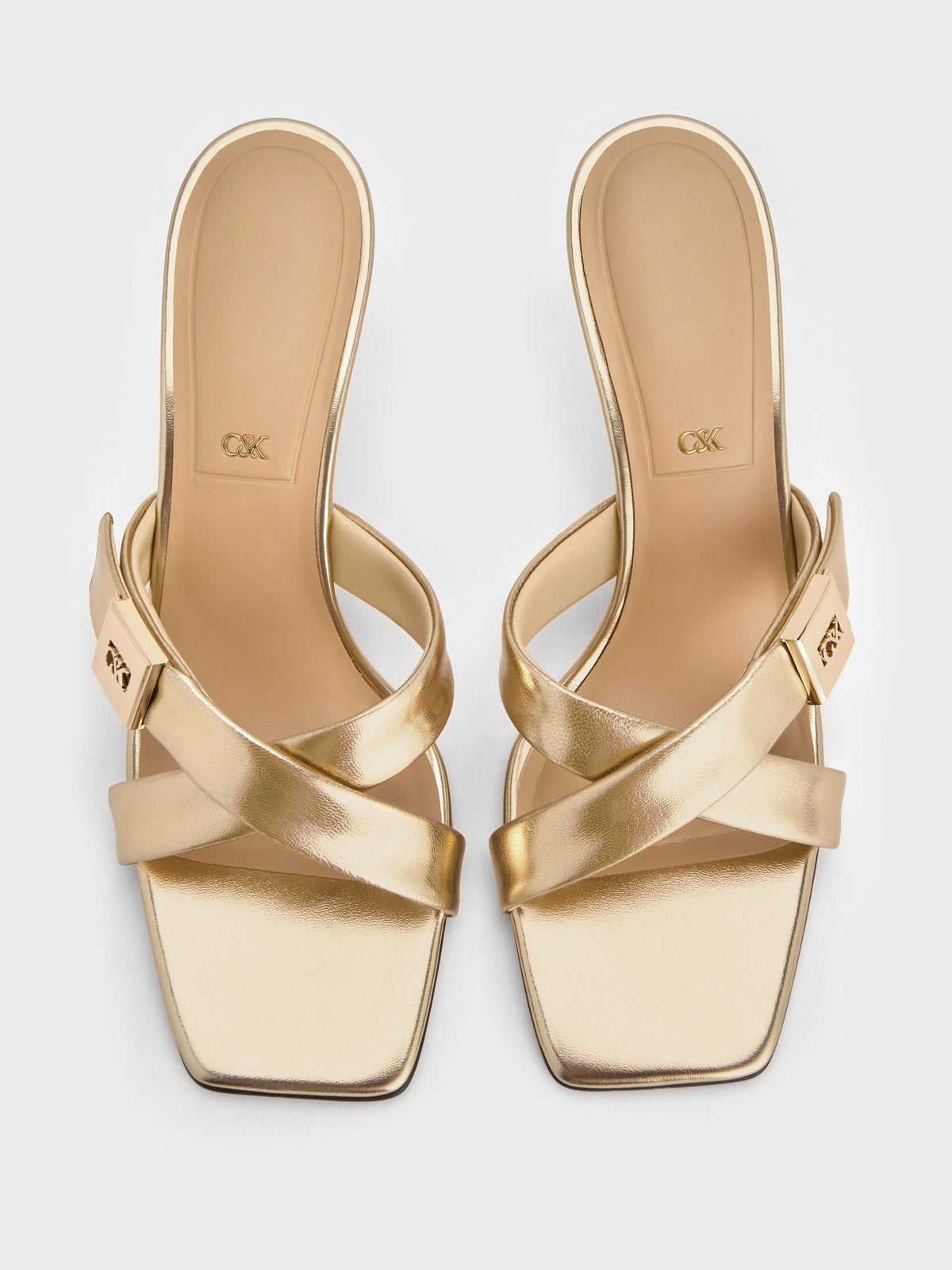 CHARLES & KEITH Premium / Cody Metallic Leather Crossover Heeled Mules - Gold