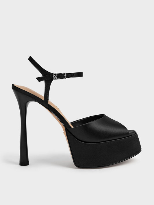 CHARLES & KEITH Classic / Francesca Peep-Toe Platform Heels - Black Textured