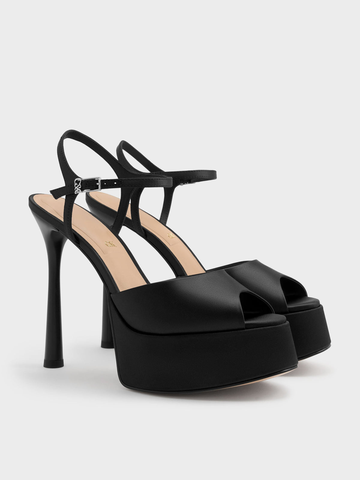 CHARLES & KEITH Classic / Francesca Peep-Toe Platform Heels - Black Textured