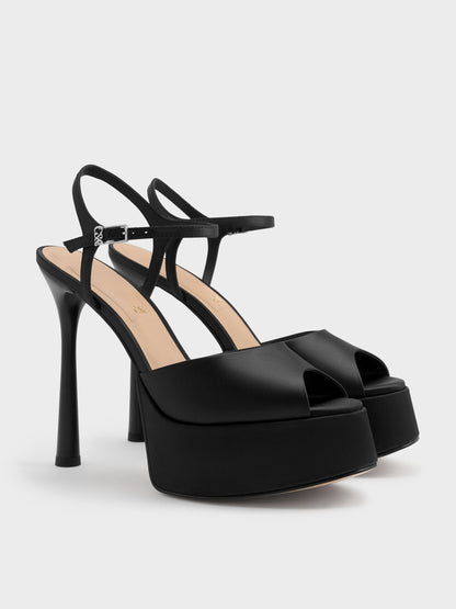 CHARLES & KEITH Classic / Francesca Peep-Toe Platform Heels - Black Textured