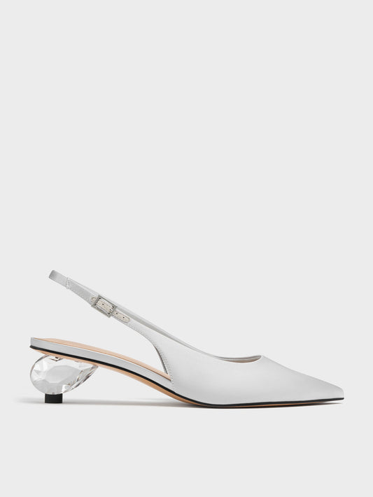 CHARLES & KEITH Signature / Pointed Crystal-Heel Slingback Pumps - Silver