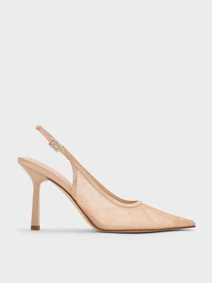 CHARLES & KEITH Signature / Lace & Satin Slingback Pumps - Nude