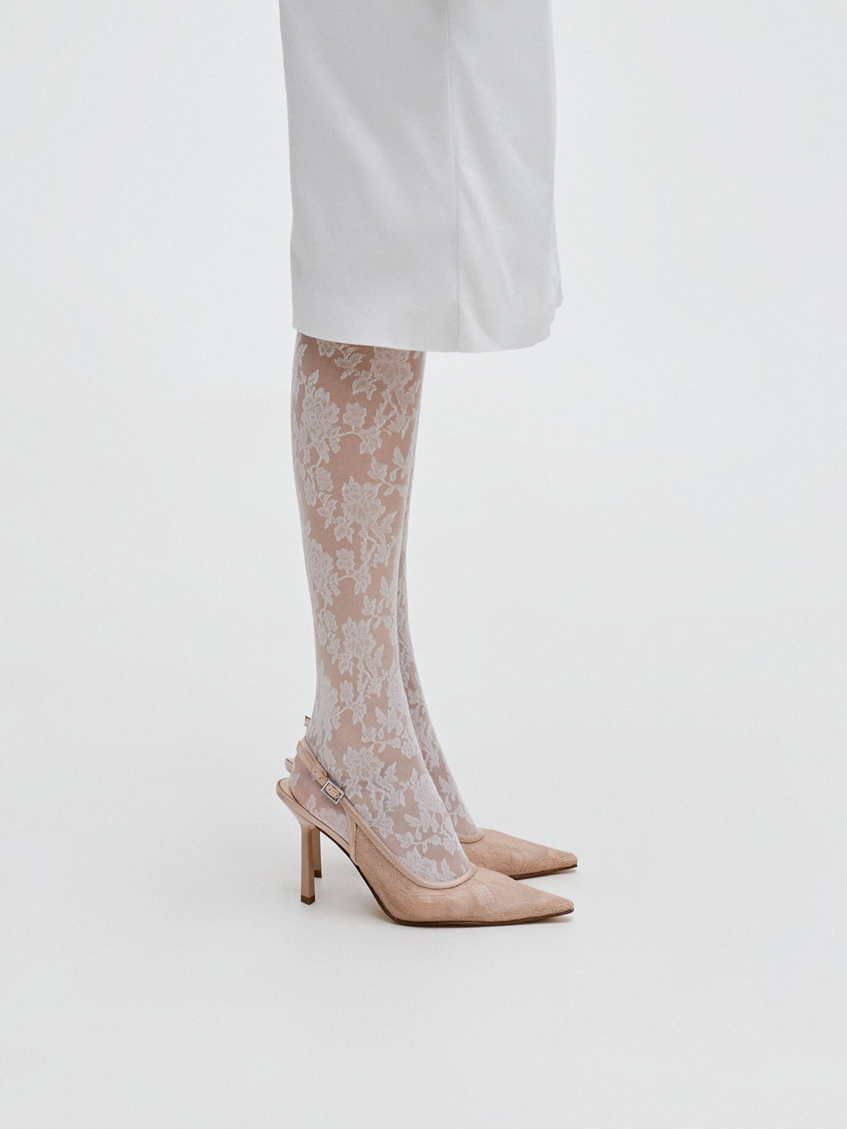 CHARLES & KEITH Signature / Lace & Satin Slingback Pumps - Nude