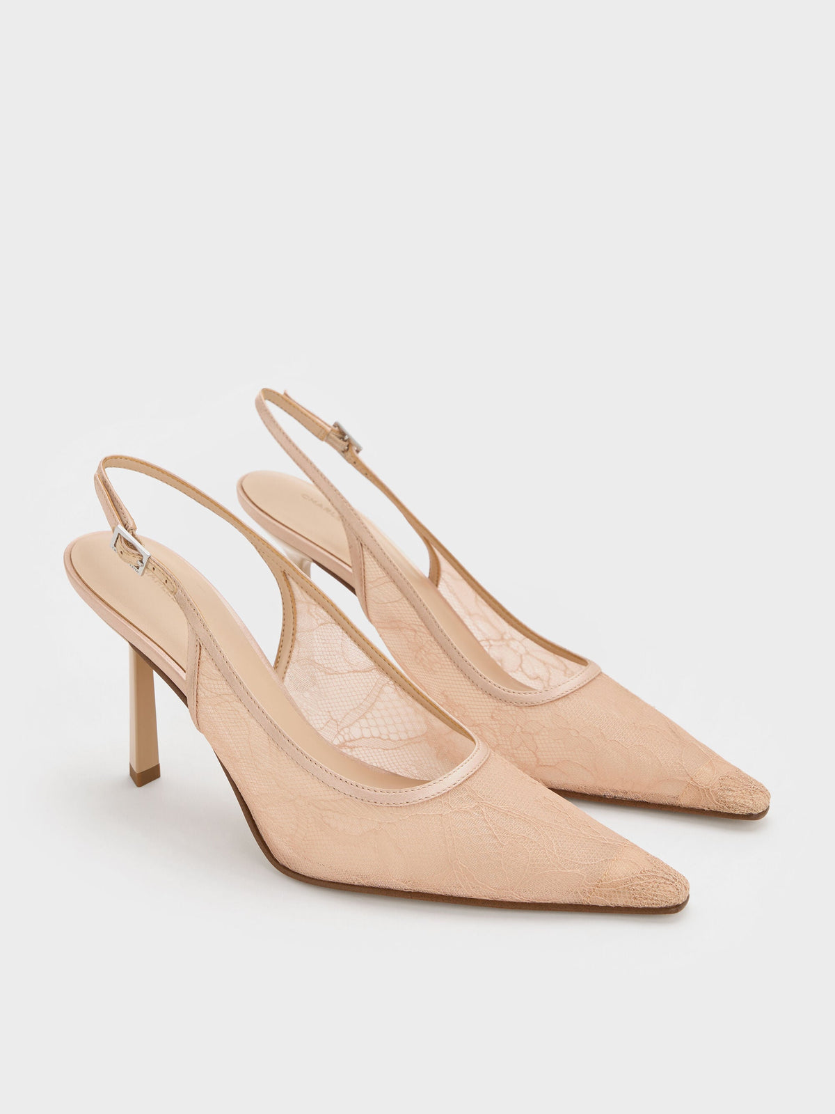CHARLES & KEITH Signature / Lace & Satin Slingback Pumps - Nude
