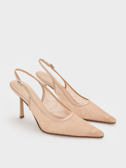CHARLES & KEITH Signature / Lace & Satin Slingback Pumps - Nude