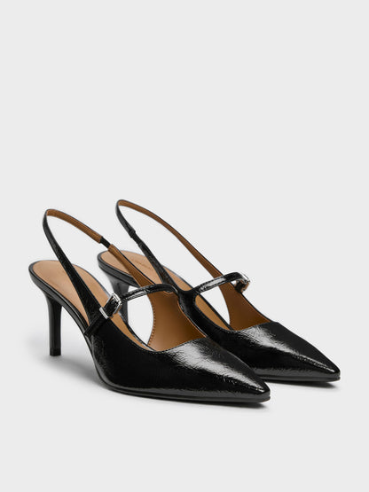CHARLES & KEITH Quality / Pointed Slingback Mary Jane Pumps - Black