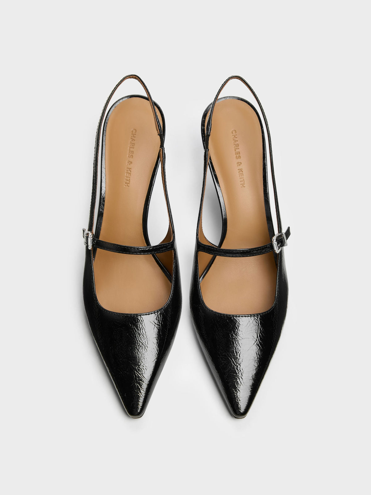 CHARLES & KEITH Quality / Pointed Slingback Mary Jane Pumps - Black