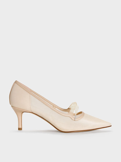 CHARLES & KEITH Quality / Venetia Mesh Bow Pointed Pumps - Nude