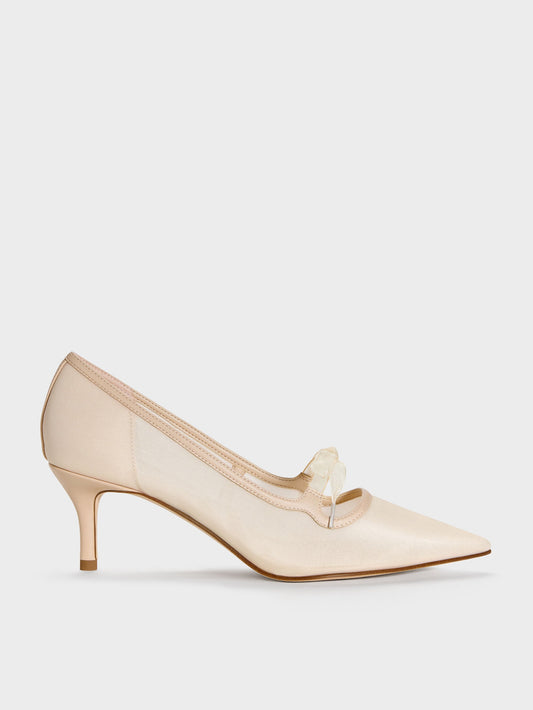 CHARLES & KEITH Quality / Venetia Mesh Bow Pointed Pumps - Nude