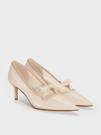CHARLES & KEITH Quality / Venetia Mesh Bow Pointed Pumps - Nude