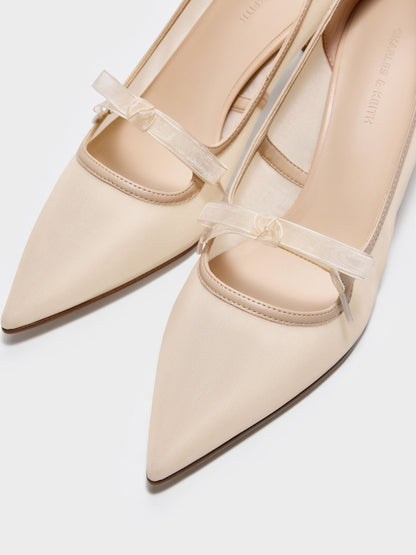 CHARLES & KEITH Quality / Venetia Mesh Bow Pointed Pumps - Nude