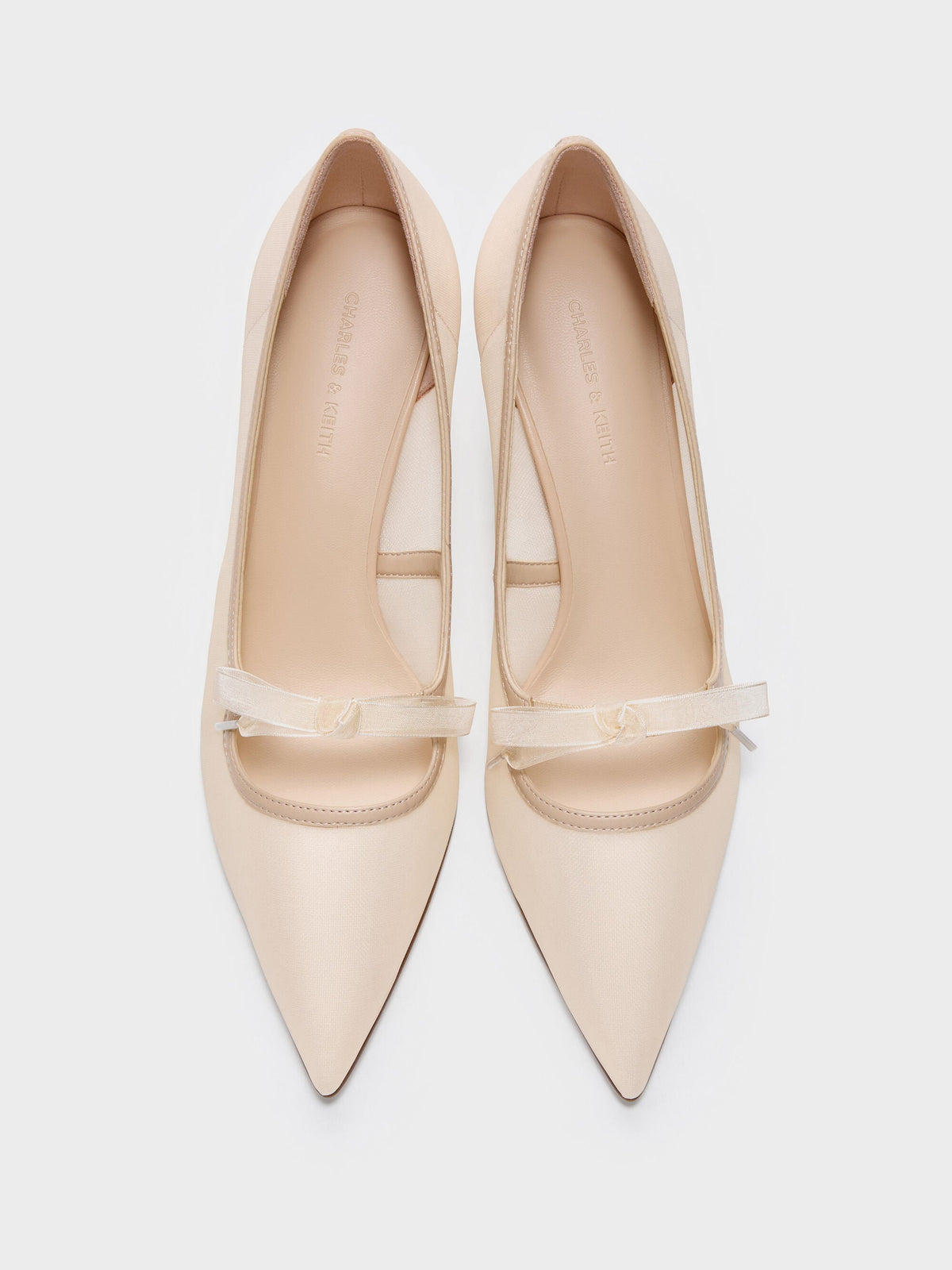 CHARLES & KEITH Quality / Venetia Mesh Bow Pointed Pumps - Nude