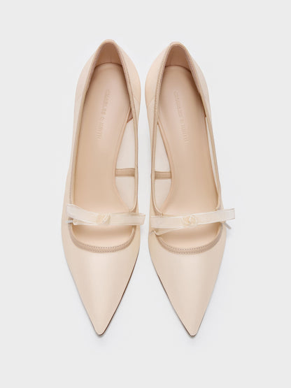 CHARLES & KEITH Quality / Venetia Mesh Bow Pointed Pumps - Nude
