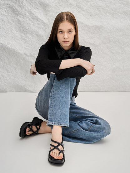 CHARLES & KEITH Top Pick / Strappy Tubular Wedge Sandals - Black