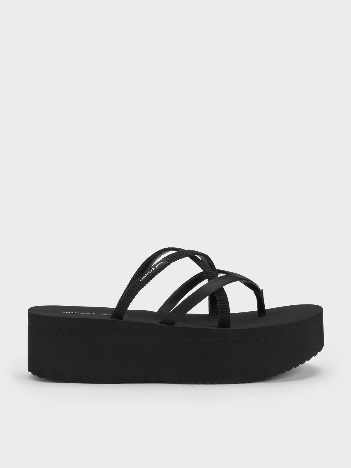 CHARLES & KEITH Essential / Levy Satin Strappy Flatform Sandals - Black Textured