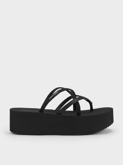 CHARLES & KEITH Essential / Levy Satin Strappy Flatform Sandals - Black Textured