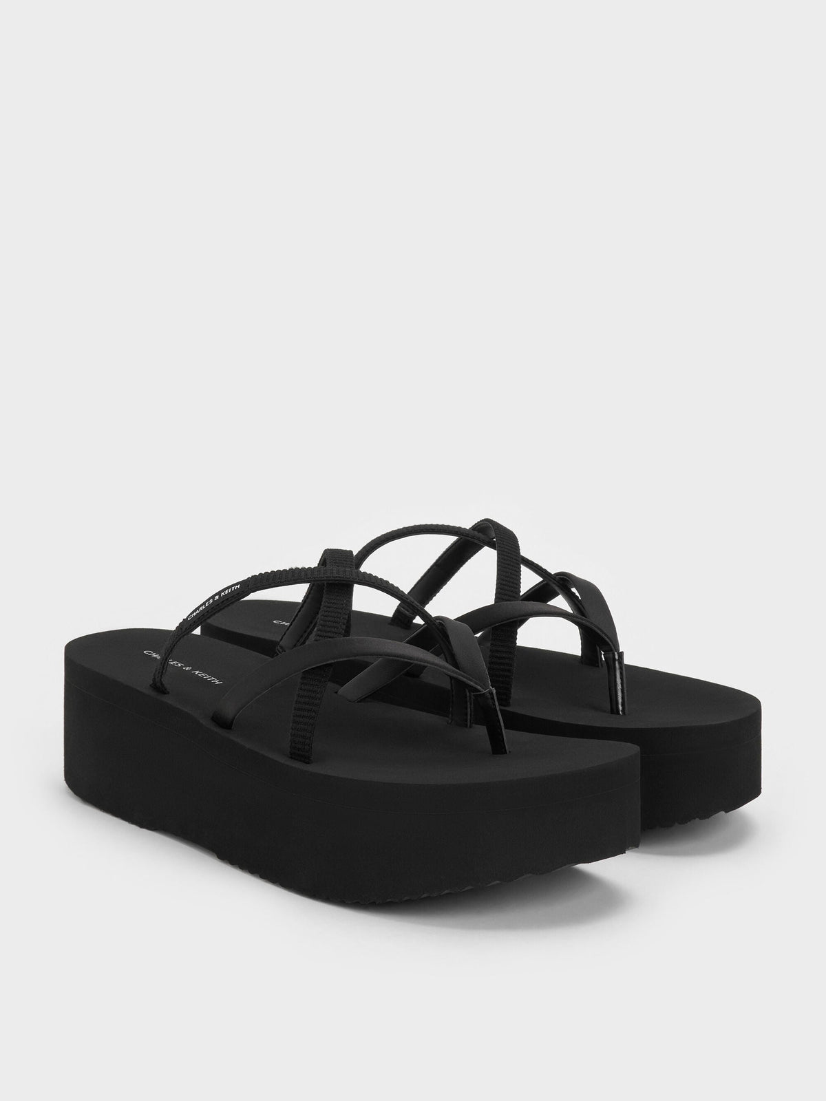 CHARLES & KEITH Essential / Levy Satin Strappy Flatform Sandals - Black Textured