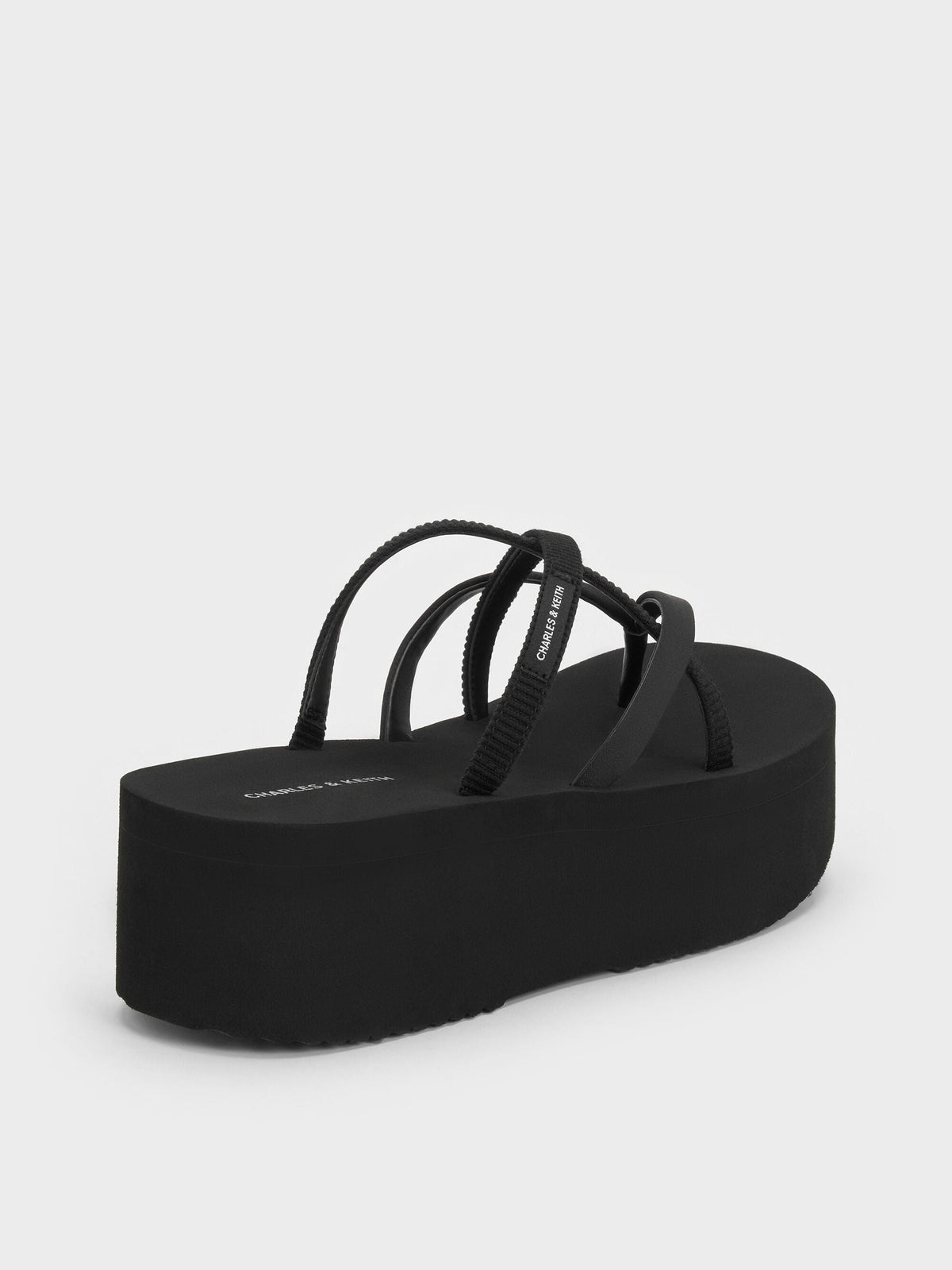 CHARLES & KEITH Essential / Levy Satin Strappy Flatform Sandals - Black Textured