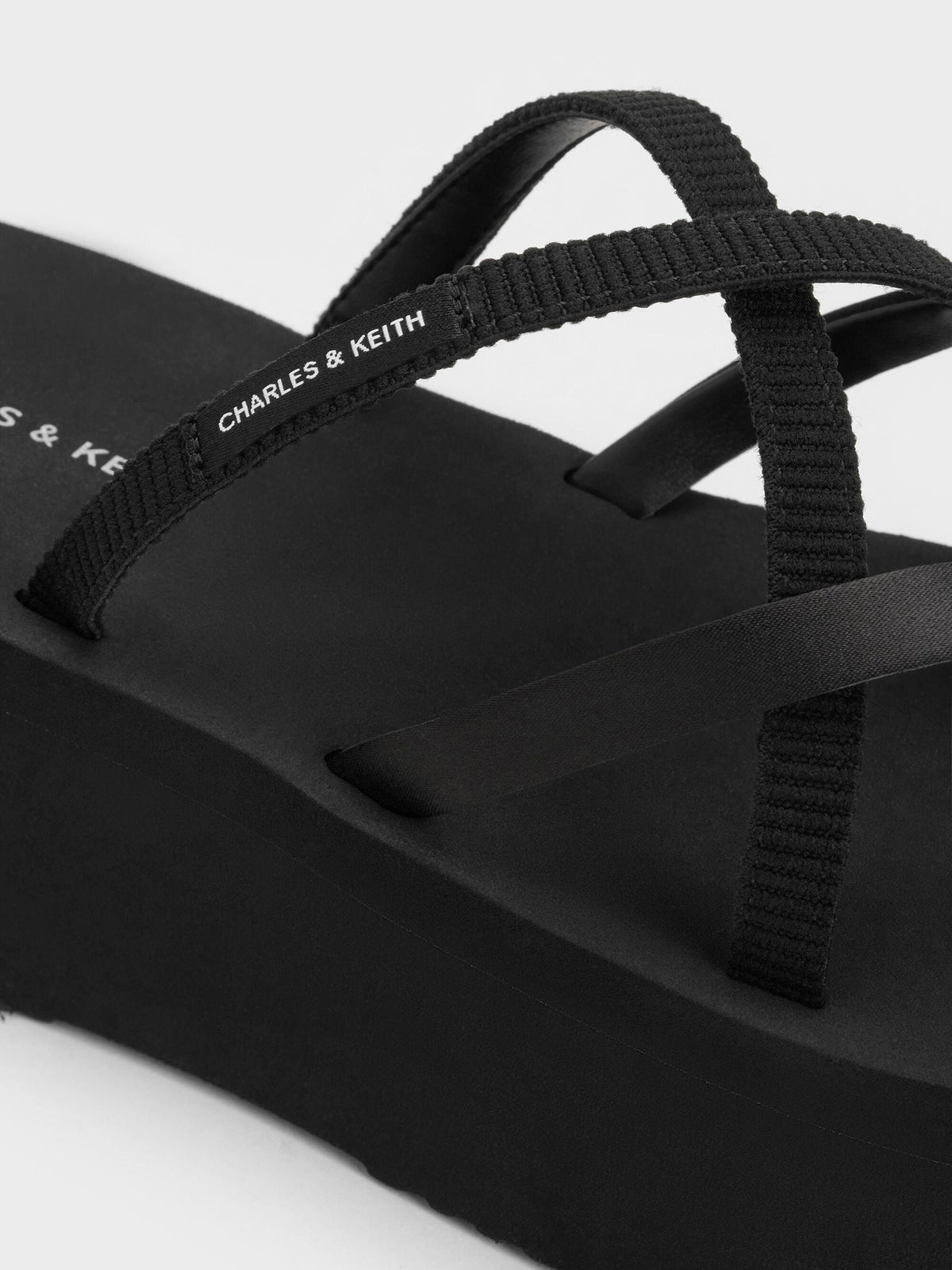 CHARLES & KEITH Essential / Levy Satin Strappy Flatform Sandals - Black Textured