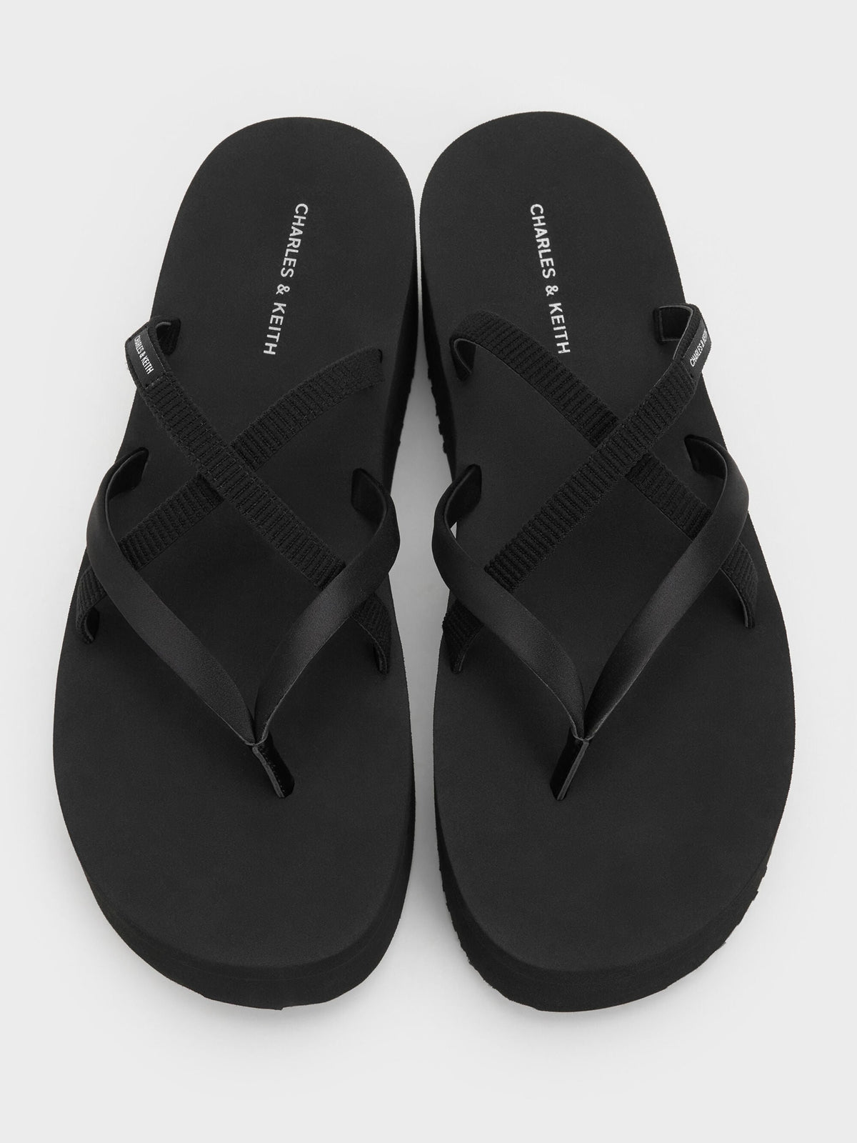 CHARLES & KEITH Essential / Levy Satin Strappy Flatform Sandals - Black Textured