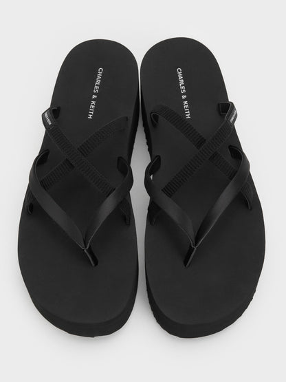 CHARLES & KEITH Essential / Levy Satin Strappy Flatform Sandals - Black Textured