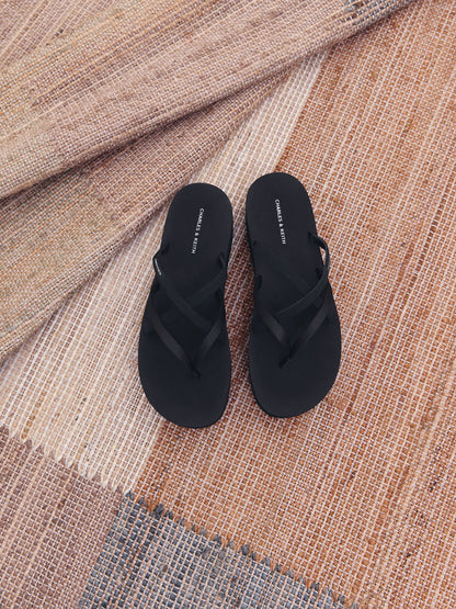 CHARLES & KEITH Essential / Levy Satin Strappy Flatform Sandals - Black Textured