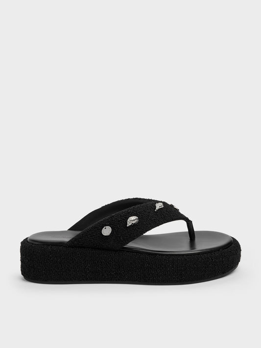 CHARLES & KEITH Everyday / Tweed Beach Flatform Thong Sandals - Black Textured
