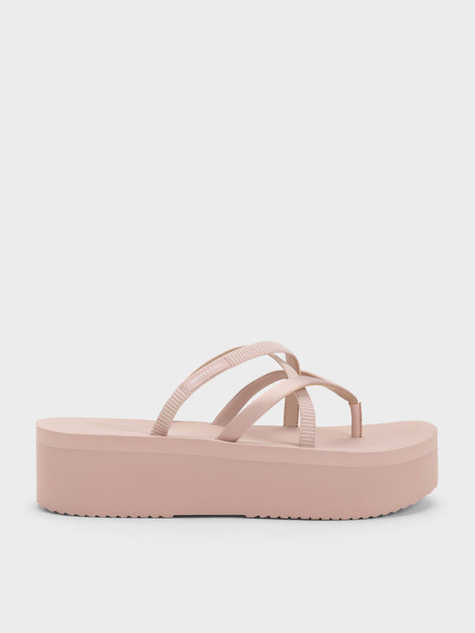 CHARLES & KEITH Special Offer / Levy Satin Strappy Flatform Sandals - Light Pink