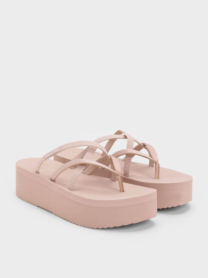 CHARLES & KEITH Special Offer / Levy Satin Strappy Flatform Sandals - Light Pink