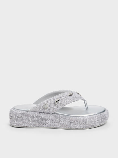 CHARLES & KEITH Latest / Tweed Beach Flatform Thong Sandals - Silver