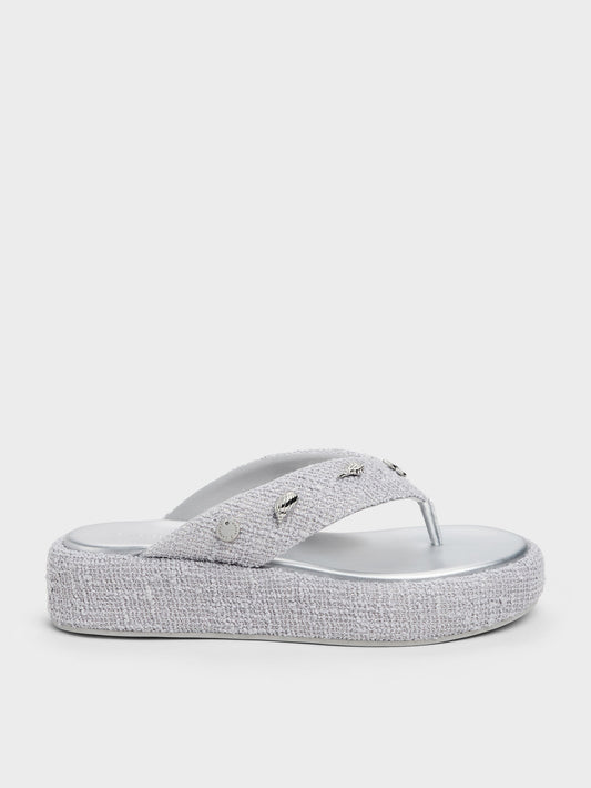 CHARLES & KEITH Latest / Tweed Beach Flatform Thong Sandals - Silver
