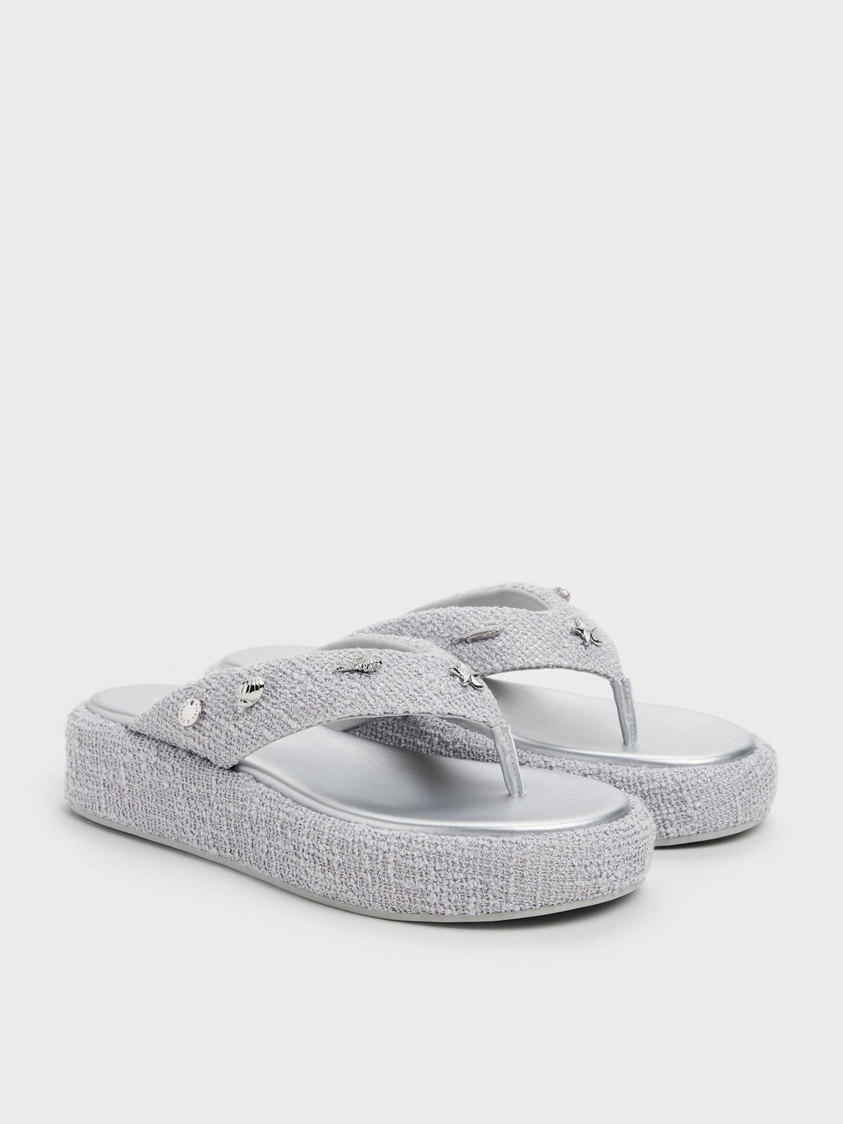 CHARLES & KEITH Latest / Tweed Beach Flatform Thong Sandals - Silver