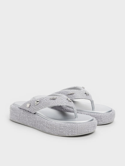 CHARLES & KEITH Latest / Tweed Beach Flatform Thong Sandals - Silver