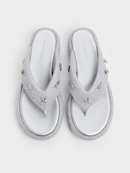 CHARLES & KEITH Latest / Tweed Beach Flatform Thong Sandals - Silver