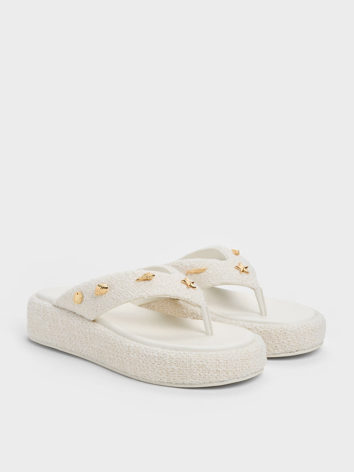 CHARLES & KEITH Hot Sale / Tweed Beach Flatform Thong Sandals - Chalk