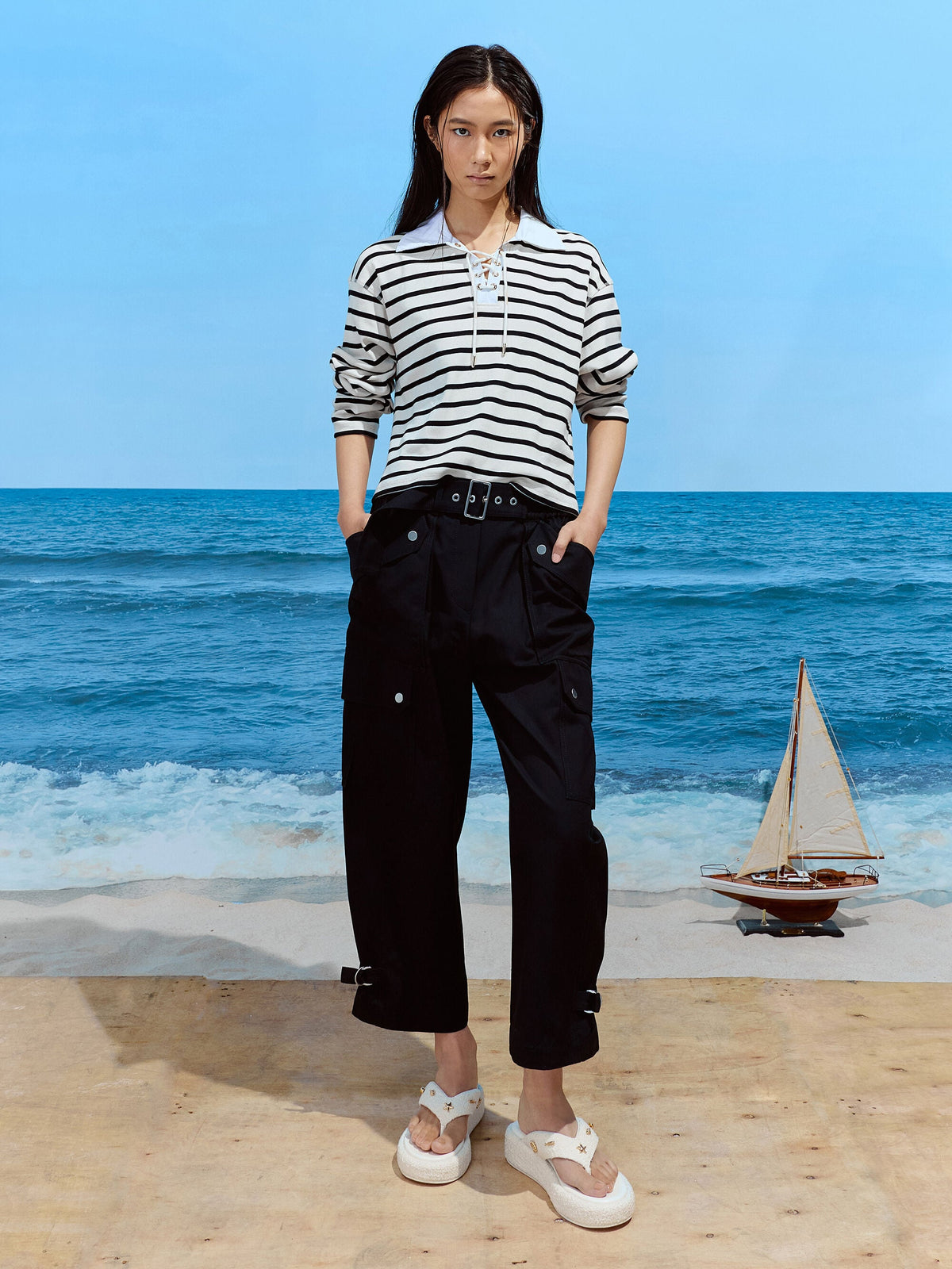 CHARLES & KEITH Hot Sale / Tweed Beach Flatform Thong Sandals - Chalk