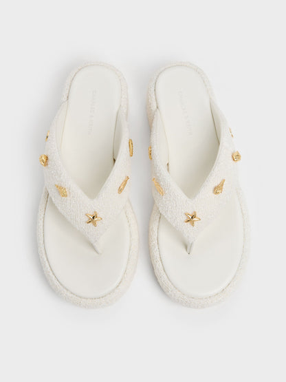 CHARLES & KEITH Hot Sale / Tweed Beach Flatform Thong Sandals - Chalk