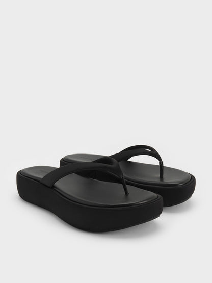 CHARLES & KEITH Hot Sale / Satin Thong Flatform Sandals - Black Textured