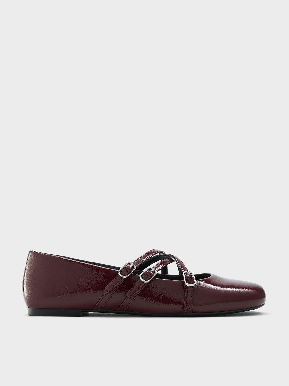 CHARLES & KEITH Smart Buy / Patent Triple-Strap Mary Jane Flats - Burgundy